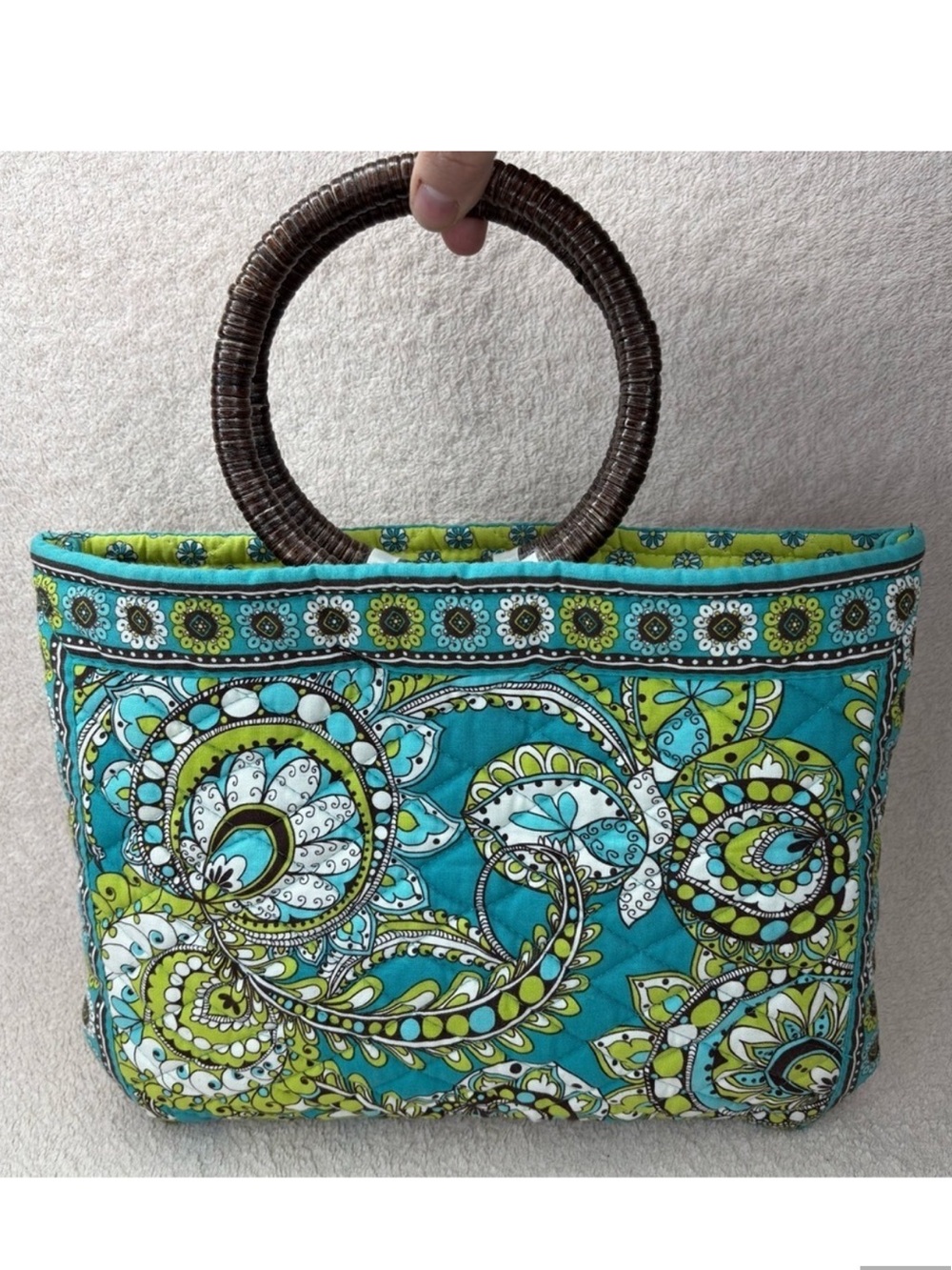 Vera Bradley Quilted Purse Wrapped Wooden Handle Green/Blue/Brown Resort Casual - Picture 13 of 13